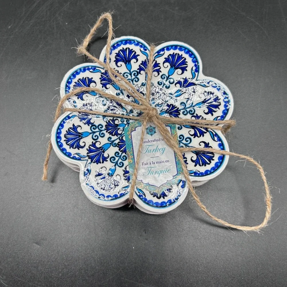 Set Of 4 Turkish Ceramic Coasters  Design Made In Turkey Blue White‎ Flower New